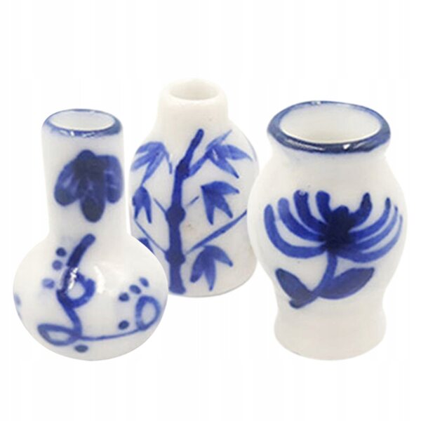 Set 3 Mini Vasi in Ceramica Blu per Decorazione Casa delle Bambole