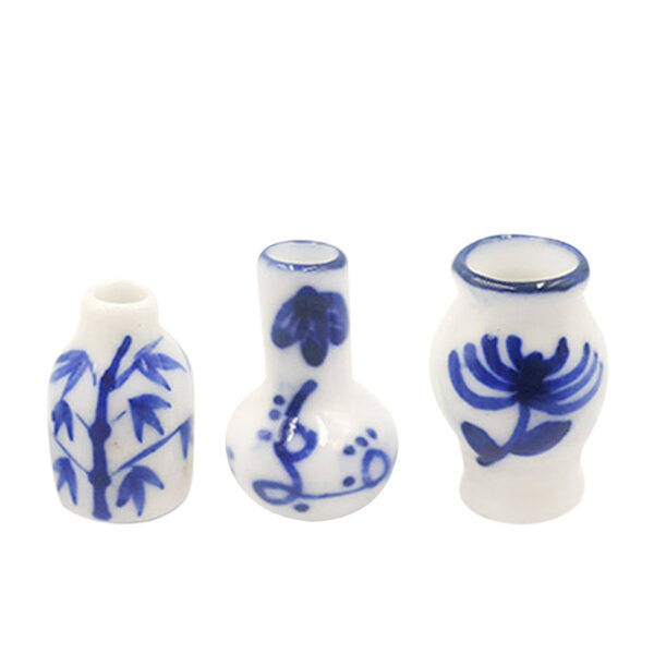 Set 3 Mini Vasi in Ceramica Blu per Decorazione Casa delle Bambole