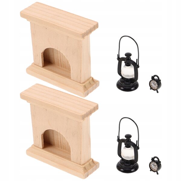 Set Miniature Camino, Lampada a Petrolio e Orologio Retro per Casa delle Bambole