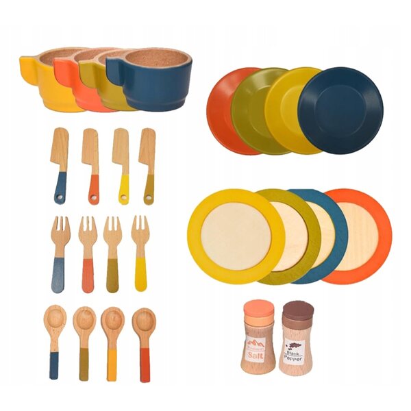 Set di 26 Piatti e Accessori da Cucina in Legno per Bambini dai 3 Anni