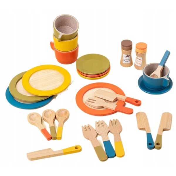 Set di 26 Piatti e Accessori da Cucina in Legno per Bambini dai 3 Anni