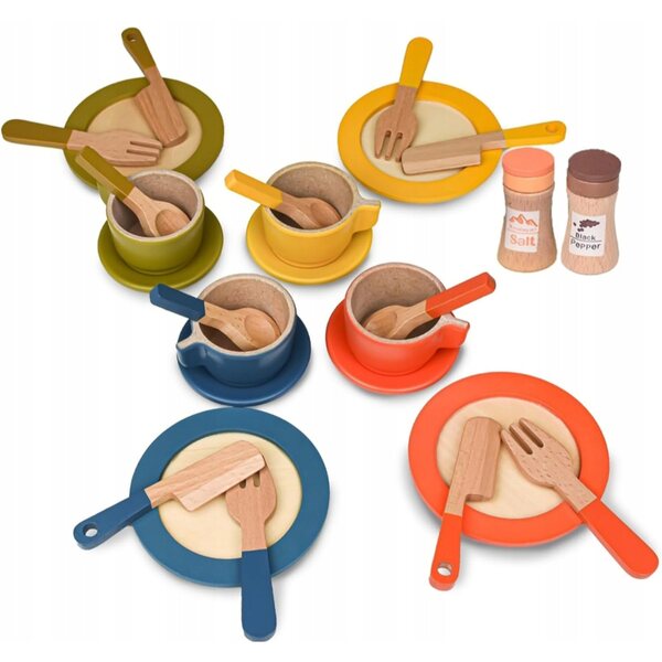 Set di 26 Piatti e Accessori da Cucina in Legno per Bambini dai 3 Anni