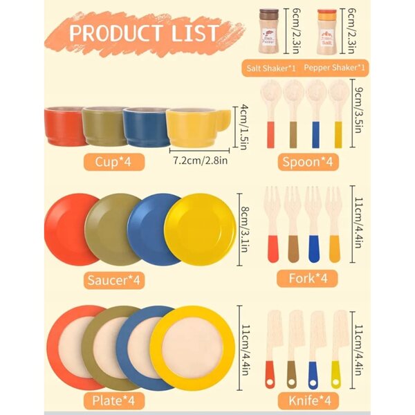 Set di 26 Piatti e Accessori da Cucina in Legno per Bambini dai 3 Anni