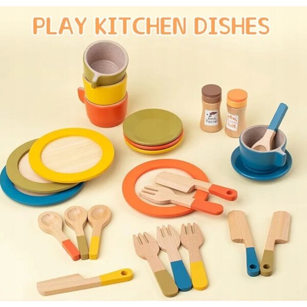 Set di 26 Piatti e Accessori da Cucina in Legno per Bambini dai 3 Anni
