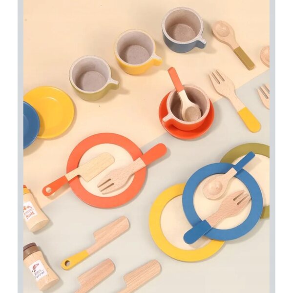 Set di 26 Piatti e Accessori da Cucina in Legno per Bambini dai 3 Anni