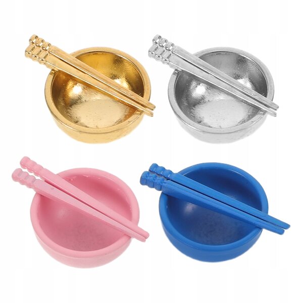 Set aus 4 Mini-Metallschüsseln mit Essstäbchen für 1:12 Puppenhaus