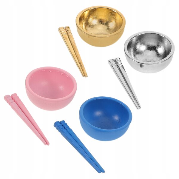 Set aus 4 Mini-Metallschüsseln mit Essstäbchen für 1:12 Puppenhaus