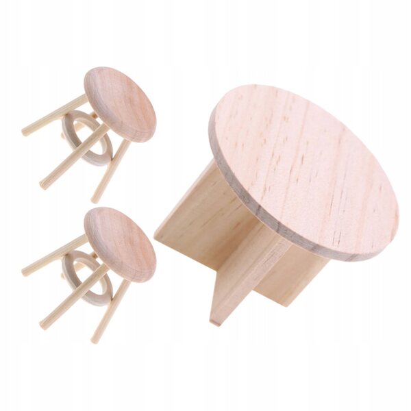 Beigefarbenes Miniatur-Tisch- und Stühle-Set aus Holz für das Puppenhaus