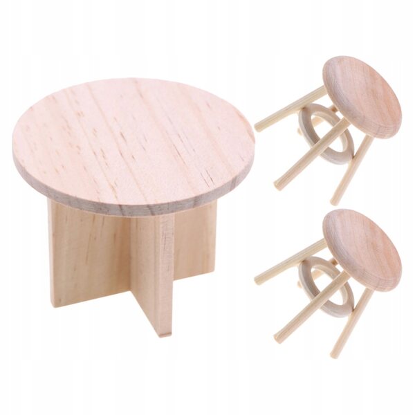 Beigefarbenes Miniatur-Tisch- und Stühle-Set aus Holz für das Puppenhaus