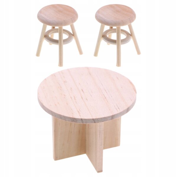 Beigefarbenes Miniatur-Tisch- und Stühle-Set aus Holz für das Puppenhaus