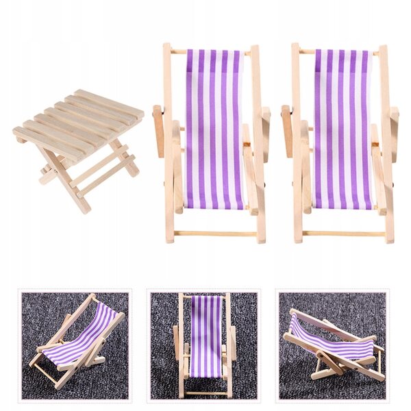 Set 3 Mini Sedie Sdraio Pieghevoli in Legno per Casa delle Bambole