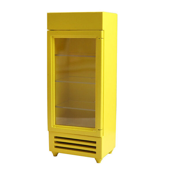 Dekorativer Mini-Kühlschrank aus gelbem Holz für das Puppenhaus, realistisch und sicher