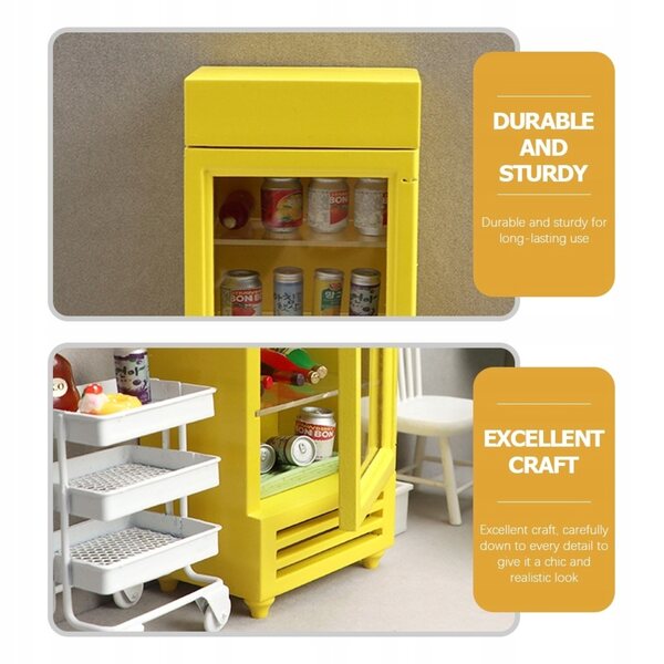 Dekorativer Mini-Kühlschrank aus gelbem Holz für das Puppenhaus, realistisch und sicher