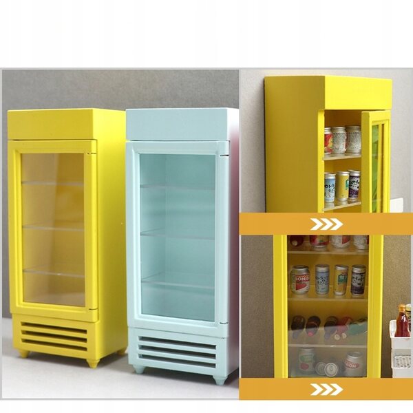 Dekorativer Mini-Kühlschrank aus gelbem Holz für das Puppenhaus, realistisch und sicher