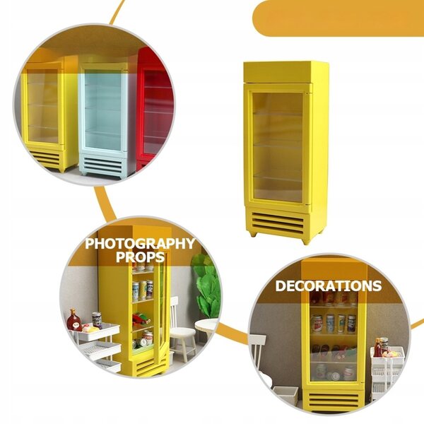 Dekorativer Mini-Kühlschrank aus gelbem Holz für das Puppenhaus, realistisch und sicher