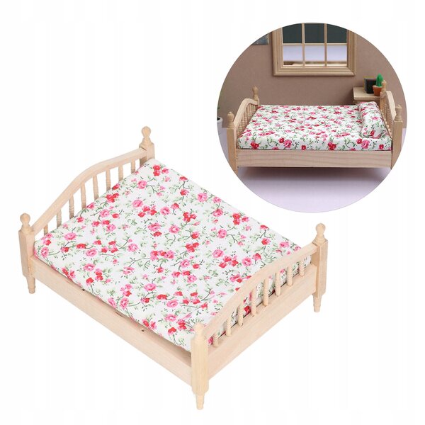 Letto doppio in miniatura 1:12 per casa delle bambole in legno di betulla e tessuto