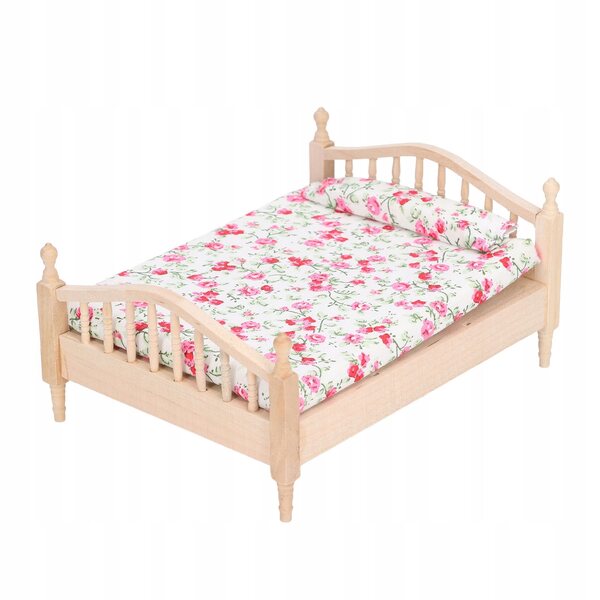 Letto doppio in miniatura 1:12 per casa delle bambole in legno di betulla e tessuto