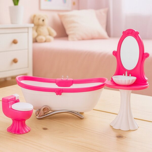 Puppenbadezimmer-Set mit Badewanne und Spielzeugtoilette aus Kunststoff für Kinder ab 3 Jahren
