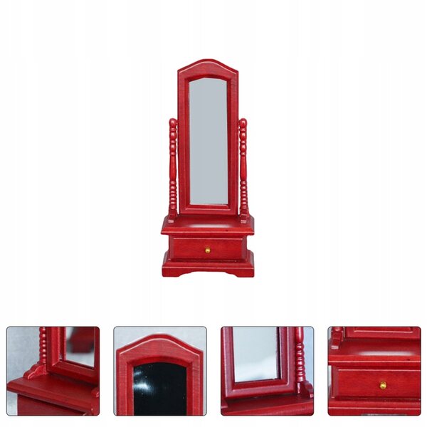 Mini tavolino con specchio in legno rosso per casa delle bambole, resistente e leggero