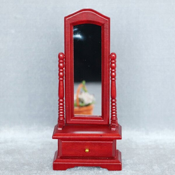 Mini tavolino con specchio in legno rosso per casa delle bambole, resistente e leggero
