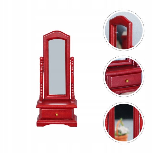 Mini tavolino con specchio in legno rosso per casa delle bambole, resistente e leggero