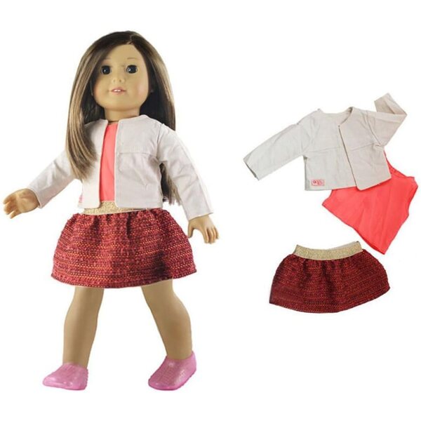 Kleidung für amerikanische Puppen 46 cm: Weiße Jacke, T-Shirt und lässiger Rock