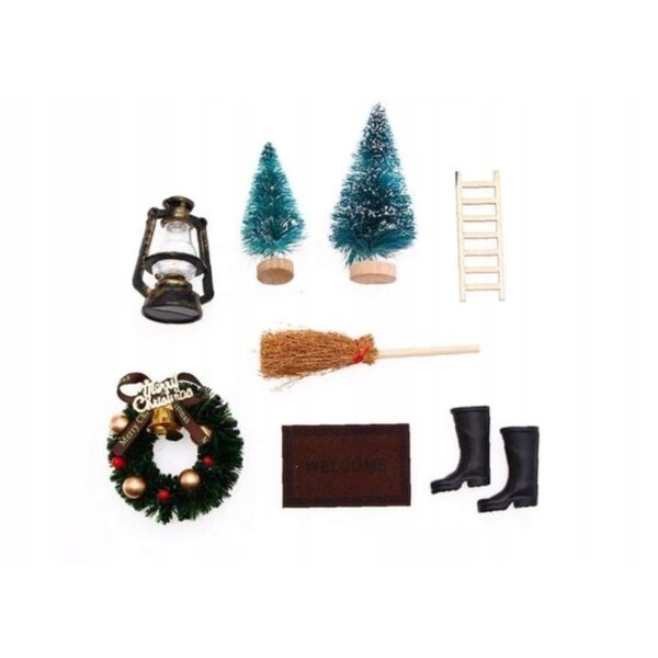 Miniature decorazioni natalizie 8 pezzi in legno, tessuto e corda per bambole e presepi