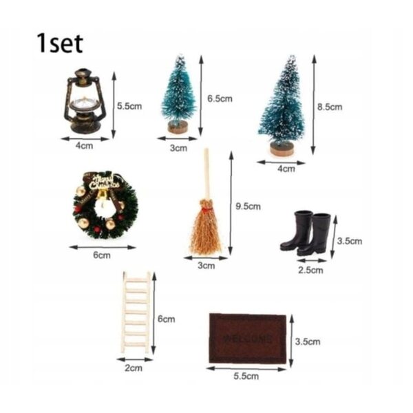Miniature decorazioni natalizie 8 pezzi in legno, tessuto e corda per bambole e presepi
