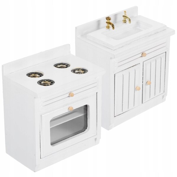 Miniatur-Holzspüle und -Herd-Set für Puppenhaus, rosa Dekoration