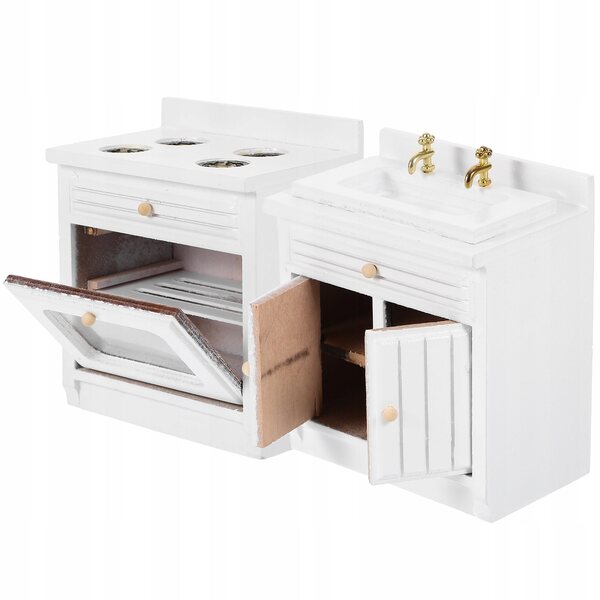 Set miniatura lavello e fornello in legno per casa delle bambole, decorazione rosa