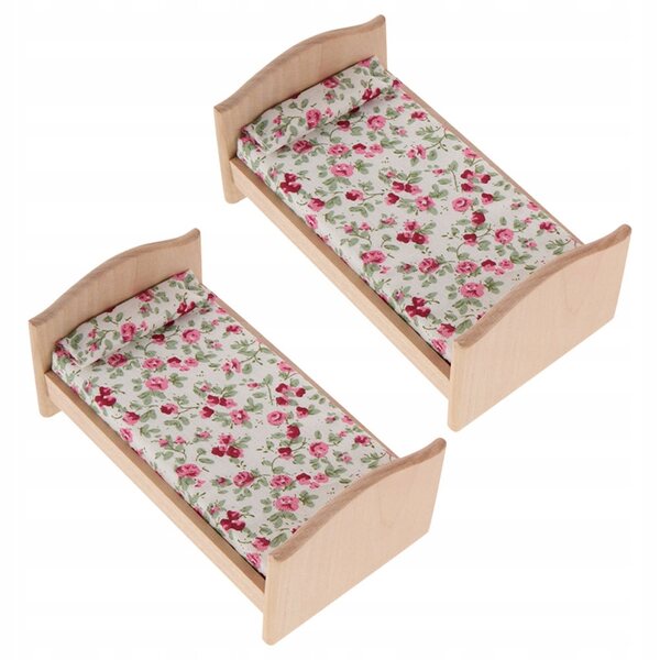 Letti in legno miniatura con materasso e cuscino per casa delle bambole - set 2 pezzi