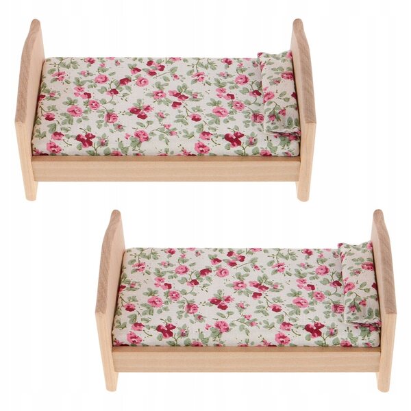 Letti in legno miniatura con materasso e cuscino per casa delle bambole - set 2 pezzi