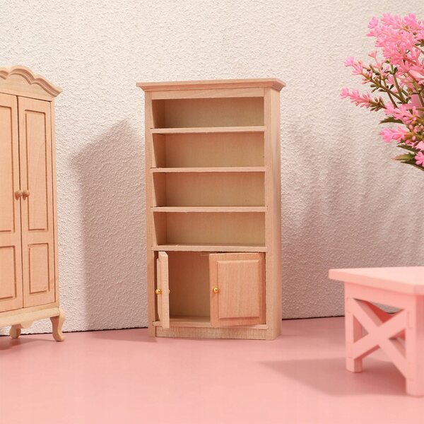 Beigefarbenes Mini-Bücherregal aus Holz für Puppenhaus, Dekoration und Spielen