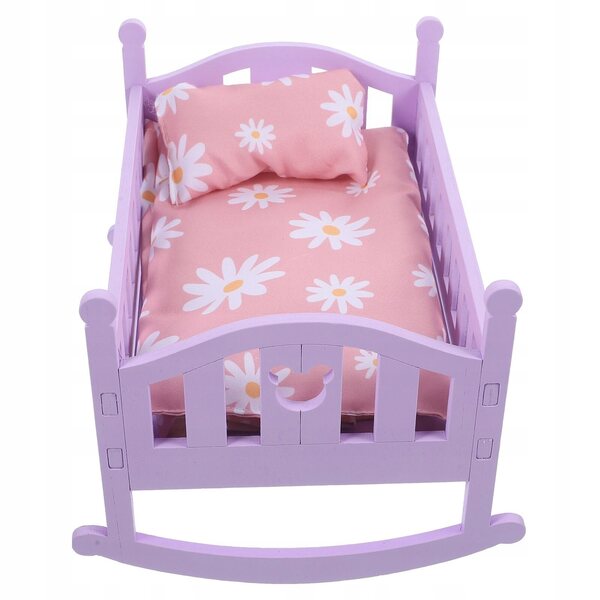 Letto miniatura in legno viola per bambole con materasso e coperte