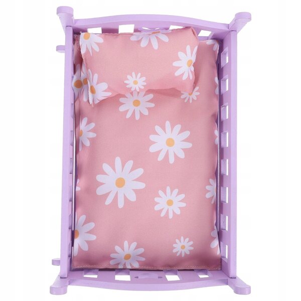 Letto miniatura in legno viola per bambole con materasso e coperte