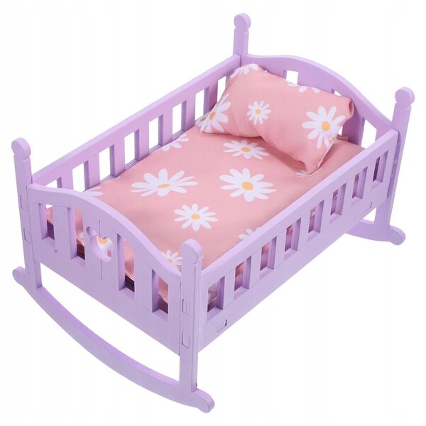 Letto miniatura in legno viola per bambole con materasso e coperte