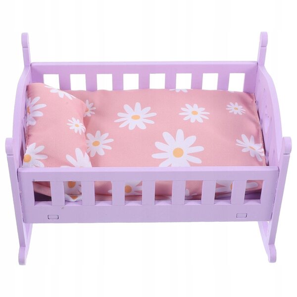 Letto miniatura in legno viola per bambole con materasso e coperte