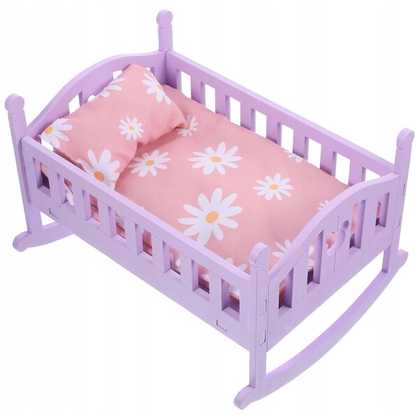 Letto miniatura in legno viola per bambole con materasso e coperte
