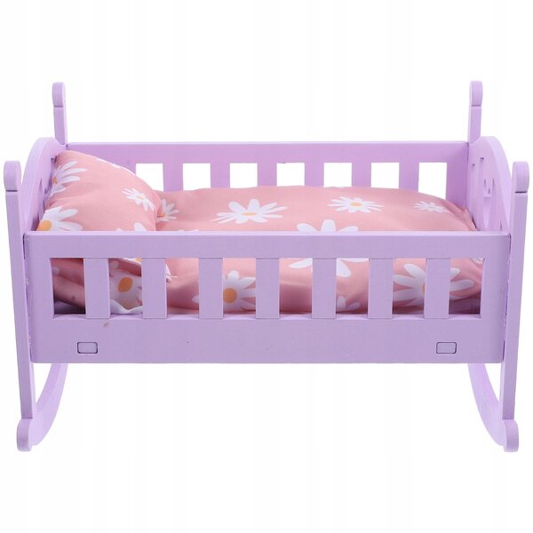 Letto miniatura in legno viola per bambole con materasso e coperte