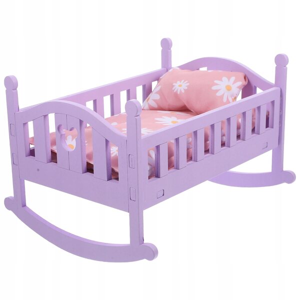 Letto miniatura in legno viola per bambole con materasso e coperte