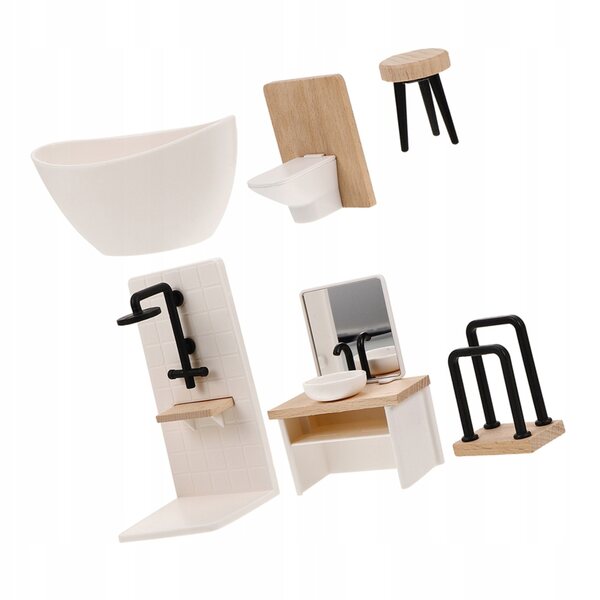 Set accessori miniatura bagno in legno e plastica per casa delle bambole