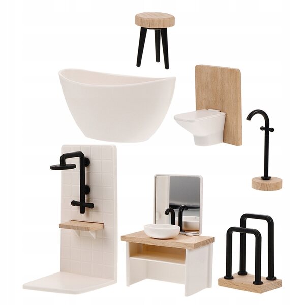 Set accessori miniatura bagno in legno e plastica per casa delle bambole
