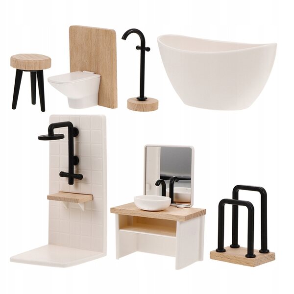 Set accessori miniatura bagno in legno e plastica per casa delle bambole