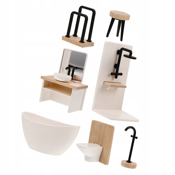 Set accessori miniatura bagno in legno e plastica per casa delle bambole