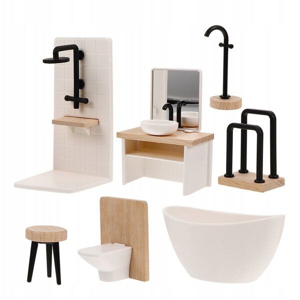Set accessori miniatura bagno in legno e plastica per casa delle bambole