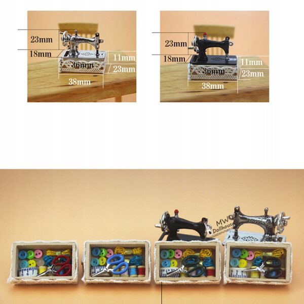 Mini set da cucito in metallo argento per casa delle bambole e decorazioni