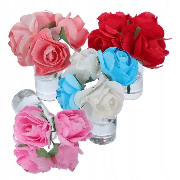 Mini-Glasvasen mit künstlichen rosa Rosen, 4er-Set für Puppenhäuser