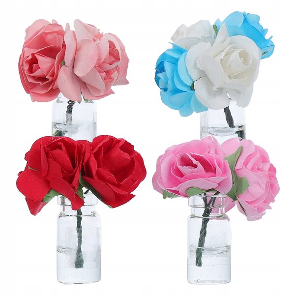 Mini-Glasvasen mit künstlichen rosa Rosen, 4er-Set für Puppenhäuser