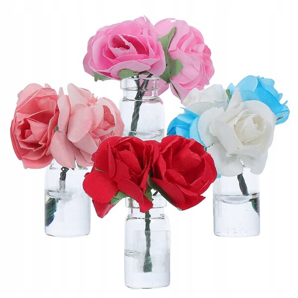 Mini-Glasvasen mit künstlichen rosa Rosen, 4er-Set für Puppenhäuser