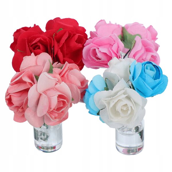 Mini-Glasvasen mit künstlichen rosa Rosen, 4er-Set für Puppenhäuser